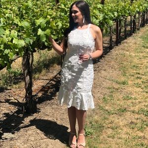 White halter flounce floral midi dress